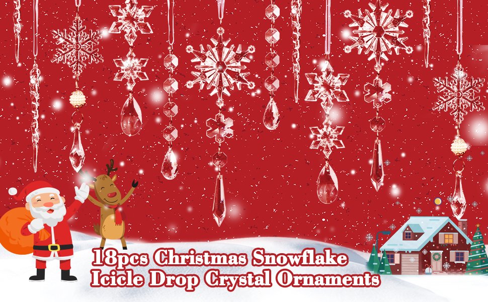 Christmas ornaments including snowflakes, icicles, and bead garlands hanging against a red background with Santa and a reindeer.
