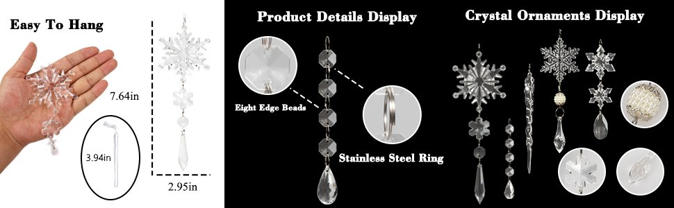 Christmas ornaments including snowflakes, icicles, and bead garlands shown in a hand and as product details.