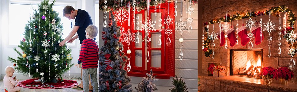 Family decorating a Christmas tree and a fireplace adorned with snowflake ornaments and stockings