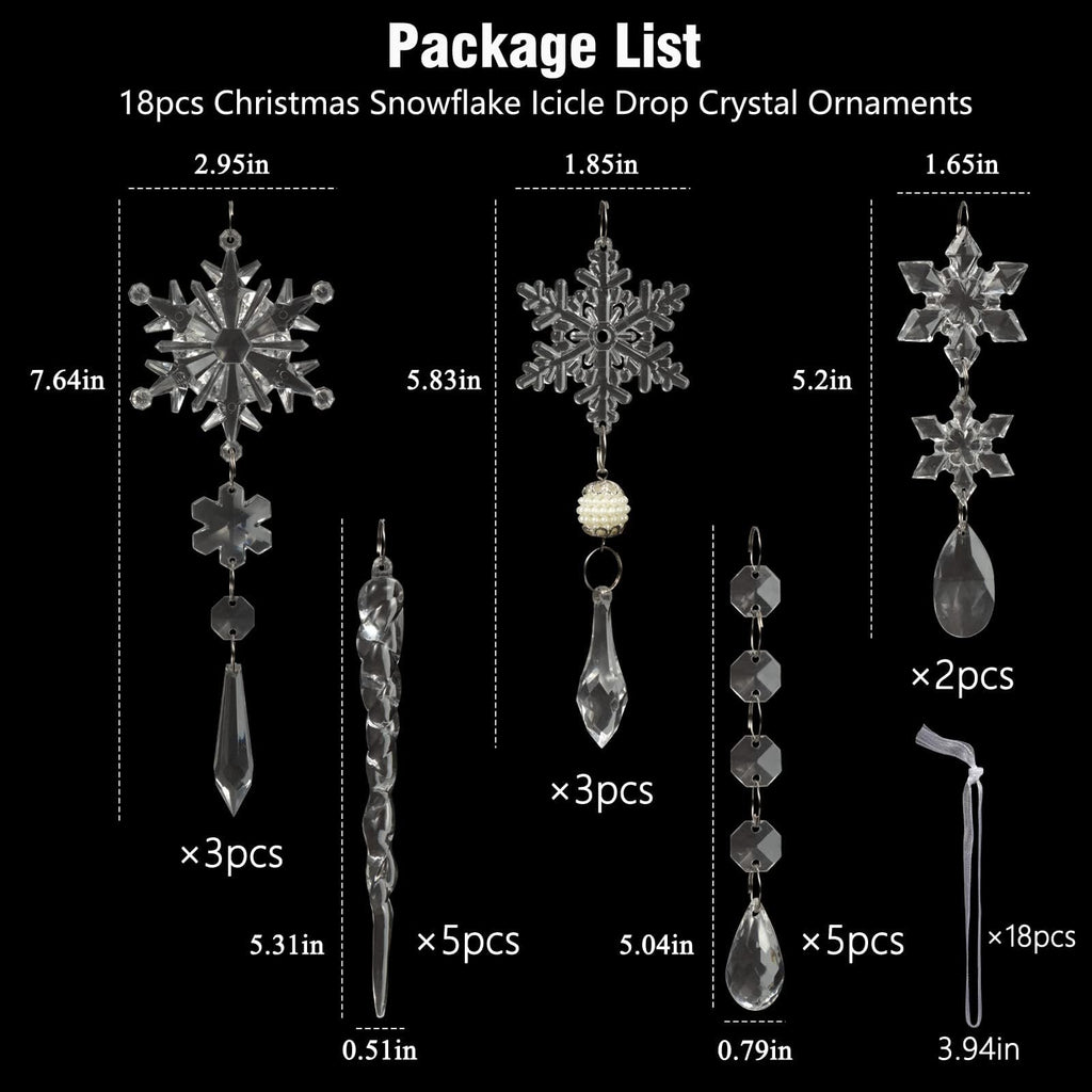 Package list showing dimensions and quantities of 18 acrylic Christmas snowflake, icicle, and bead drop ornaments.