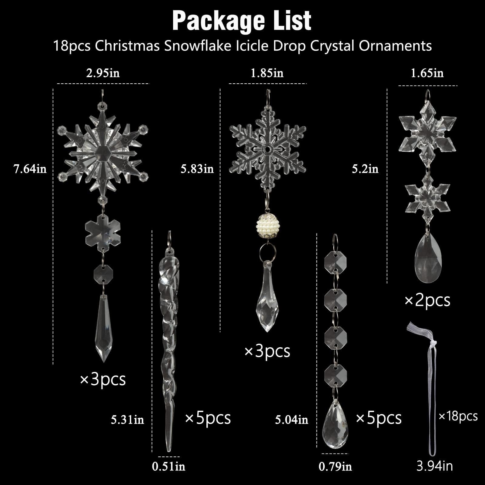 Package list showing dimensions and quantities of 18 acrylic Christmas snowflake, icicle, and bead drop ornaments.