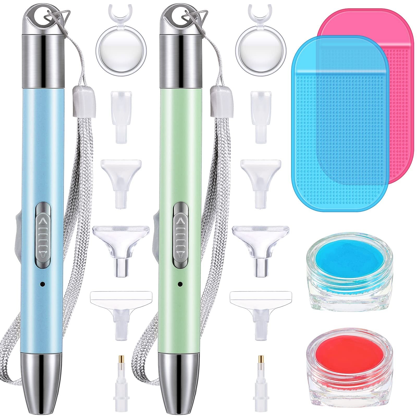 Diamond painting tool set with two LED pens, replacement heads, anti-slip mats, and clay storage cases.