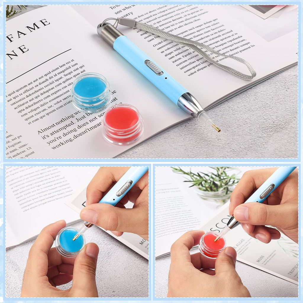 Blue diamond painting light pen with LED tip, shown with small containers of blue and red wax on a background of text.