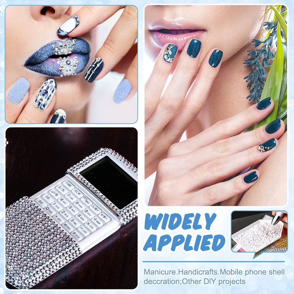 Collage showing close-ups of manicured nails with rhinestones, a diamond-encrusted calculator, and text indicating wide application in crafts and decoration.