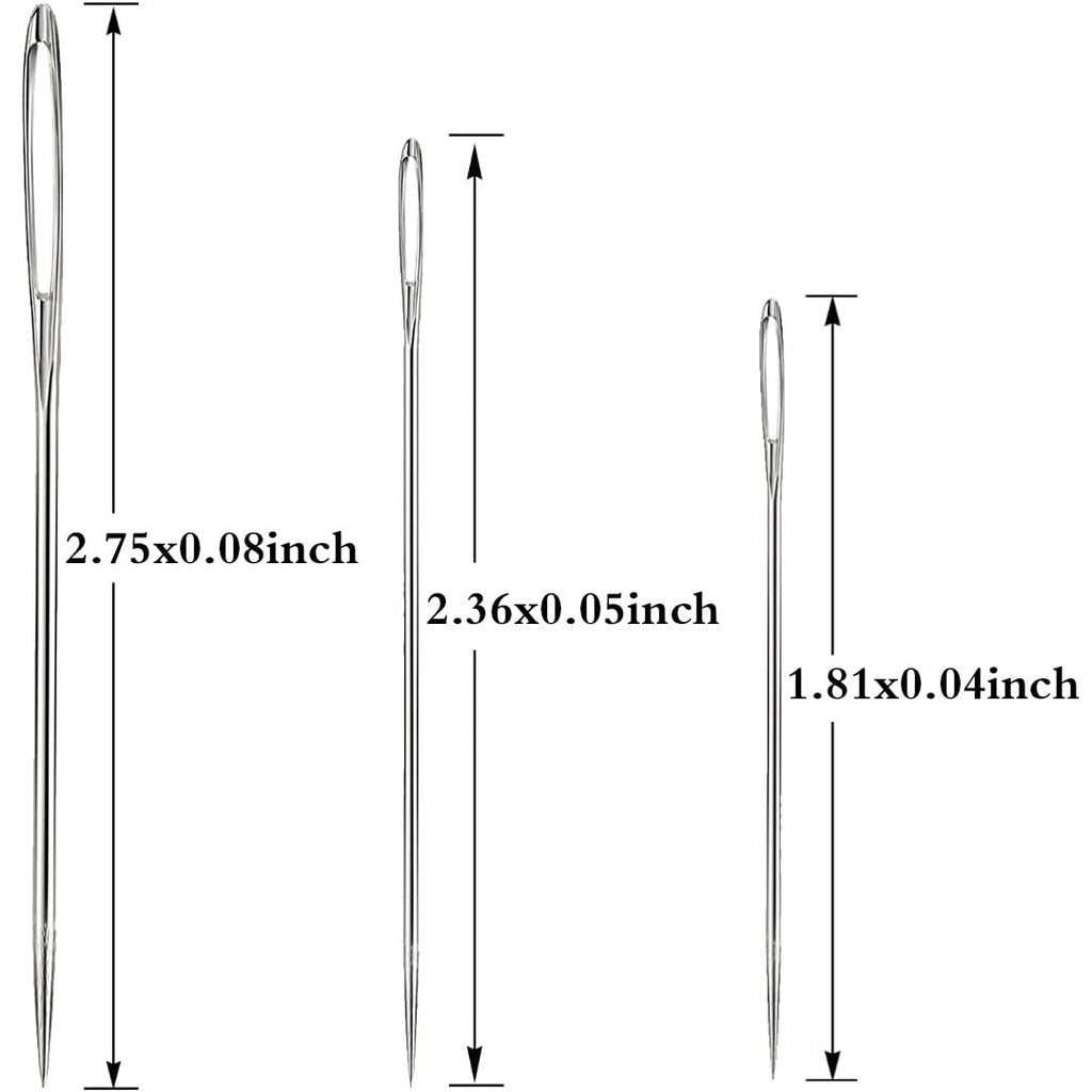 Three stainless steel sewing needles of varying sizes with dimension callouts.