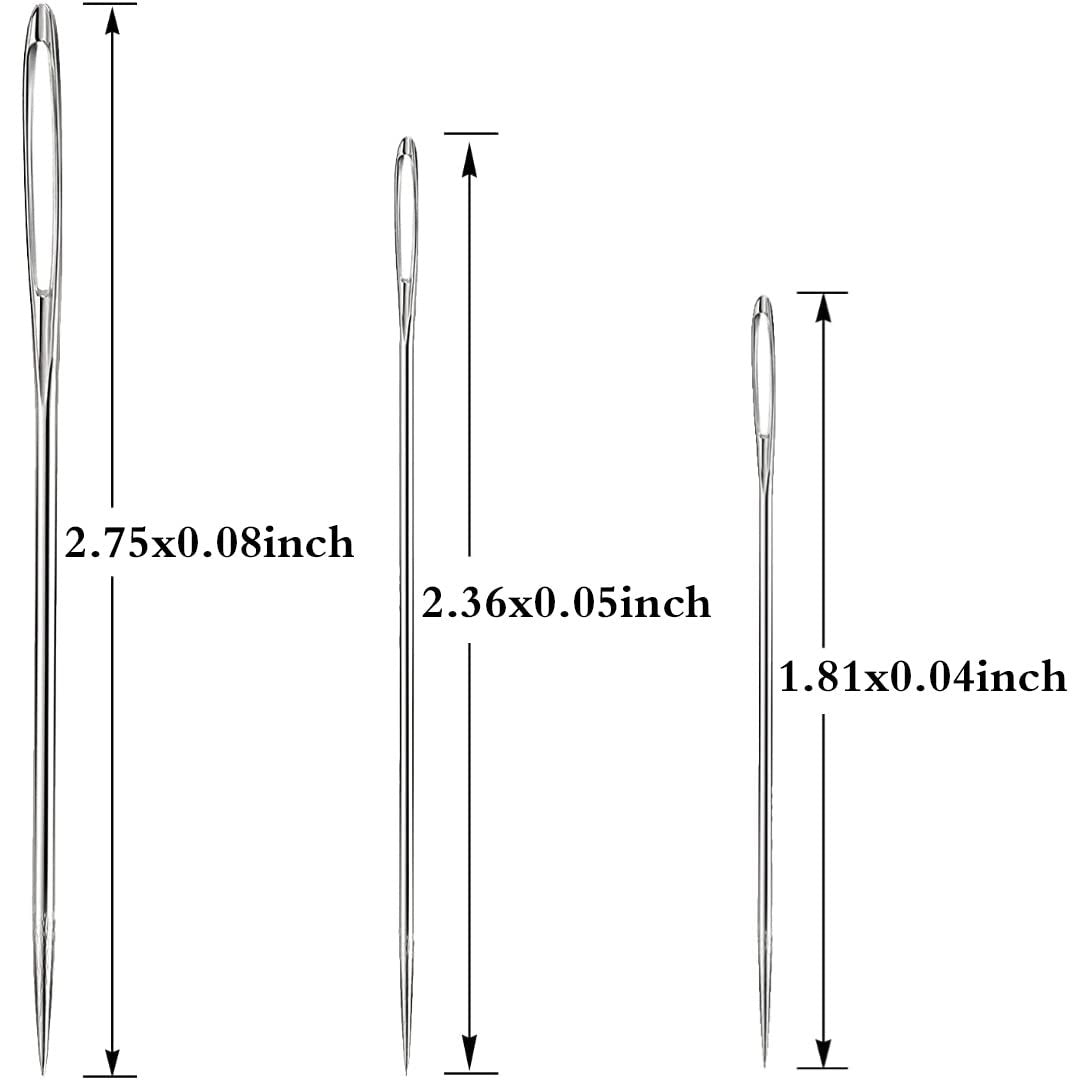 Three stainless steel sewing needles of varying sizes with dimension callouts.