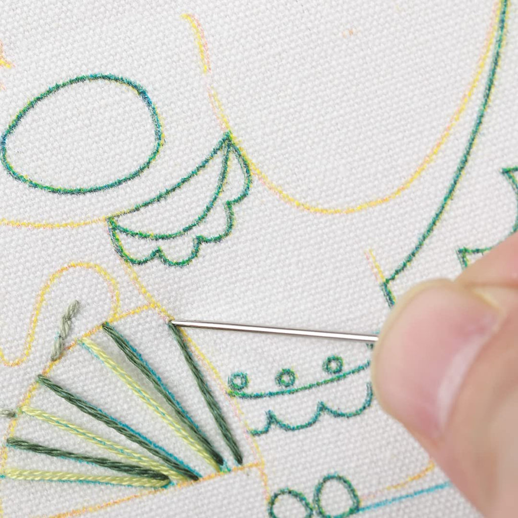 Close-up of a hand holding a sewing needle and thread, embroidering a pattern on white fabric.