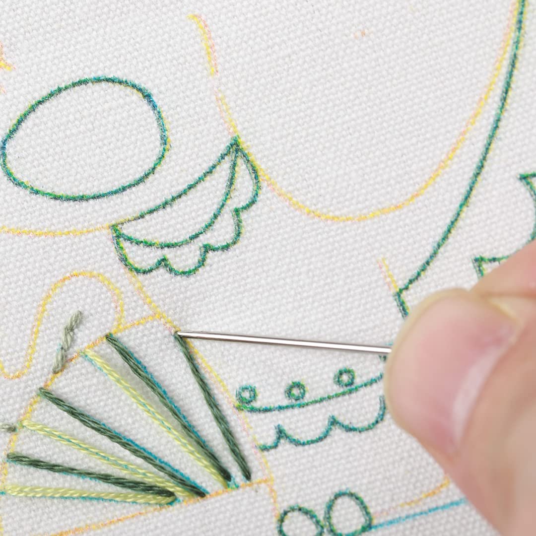 Close-up of a hand holding a sewing needle and thread, embroidering a pattern on white fabric.