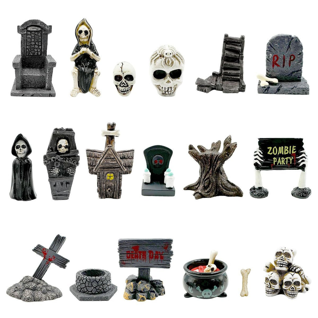 Collection of 18 Halloween miniature figurines including gravestones, grim reapers, skulls, and a cauldron.