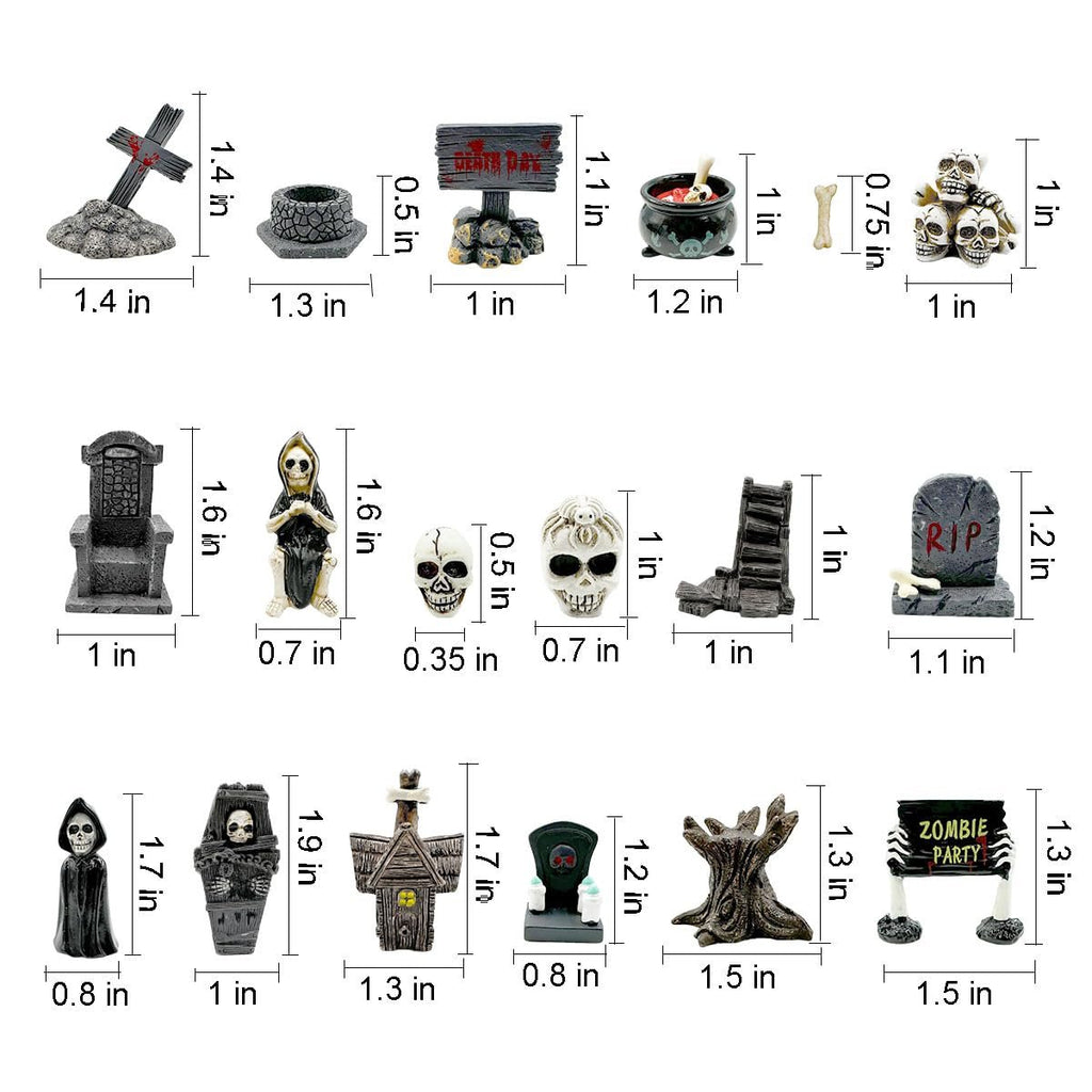 Collection of 18 miniature Halloween-themed resin figurines including gravestones, skulls, grim reapers, and a zombie party sign, with dimensions indicated.