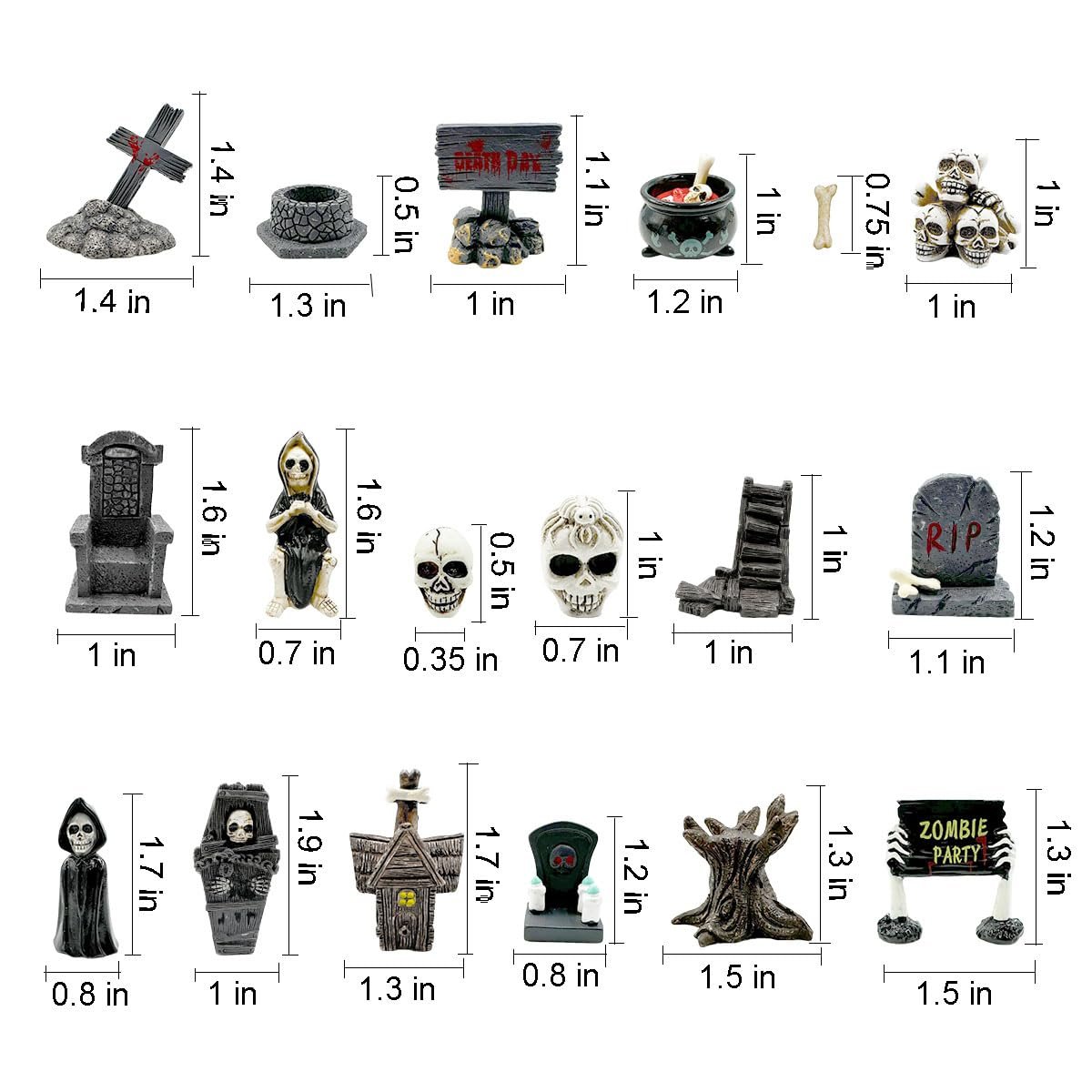 Collection of 18 miniature Halloween-themed resin figurines including gravestones, skulls, grim reapers, and a zombie party sign, with dimensions indicated.