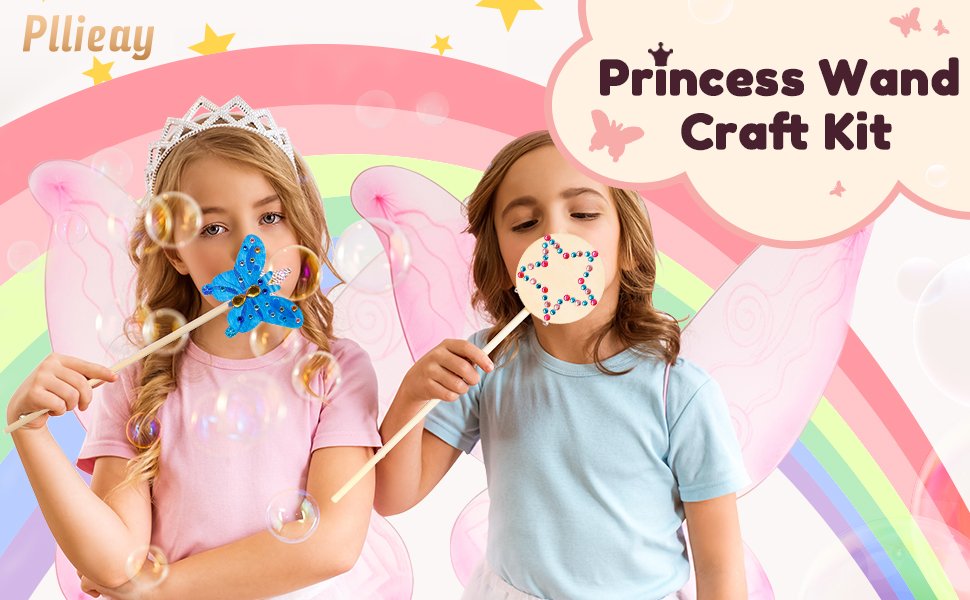 Two young girls holding decorated princess wands, one with a butterfly, the other with a star, surrounded by bubbles and a rainbow background.