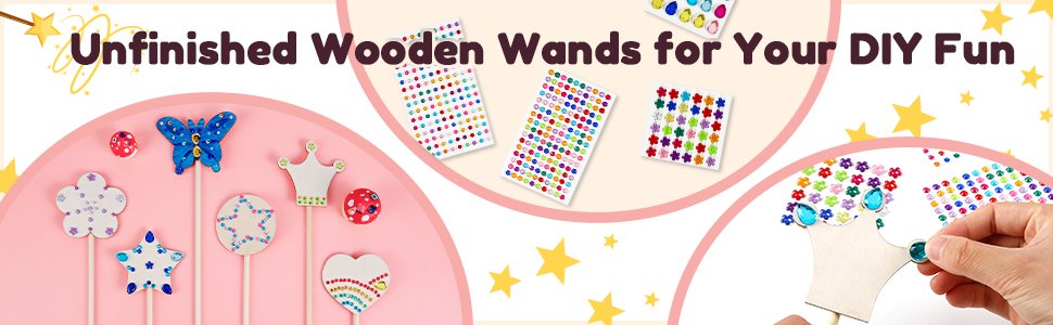 Unfinished wooden princess fairy wands being decorated with gem stickers, showing various shapes like stars, hearts, and crowns.