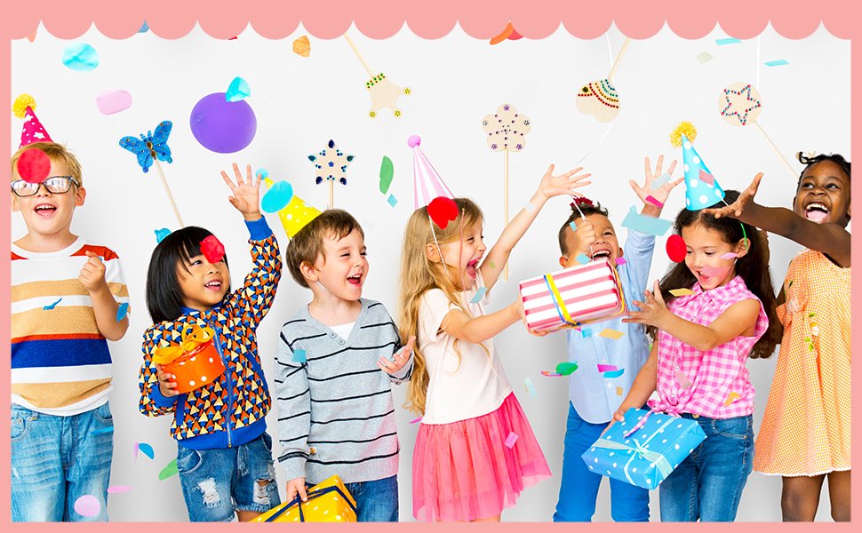 Group of diverse children in party hats celebrating with confetti and gifts, some holding craft wands