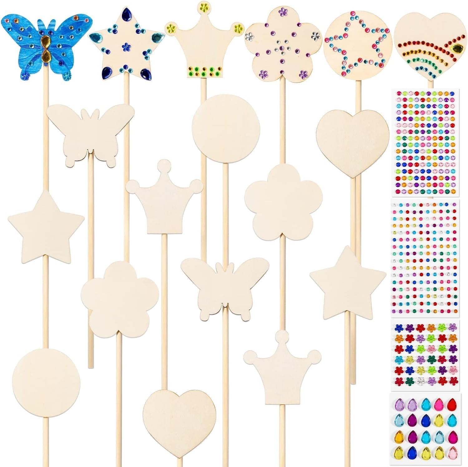 Unfinished wooden princess fairy wand craft kit with various shapes and gem stickers