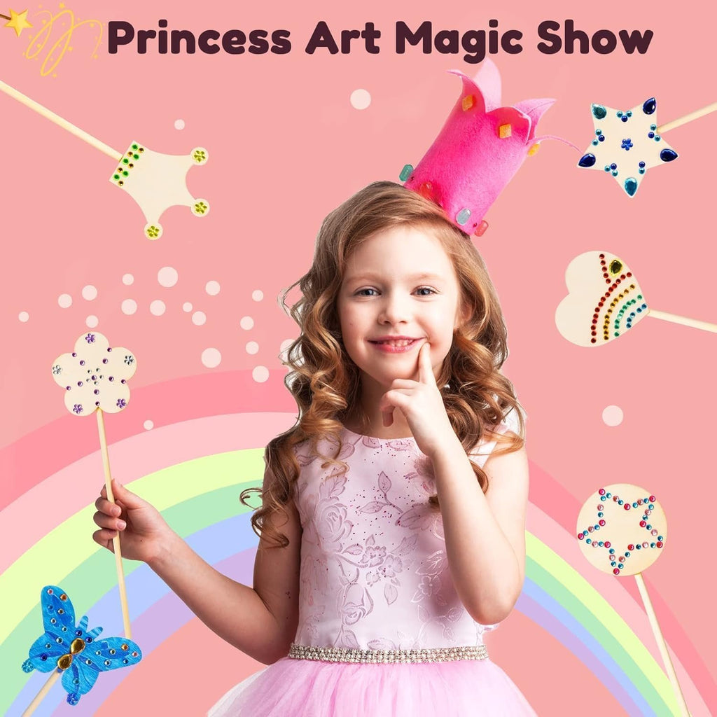 Young girl wearing a pink crown and dress, holding a princess fairy wand craft kit.