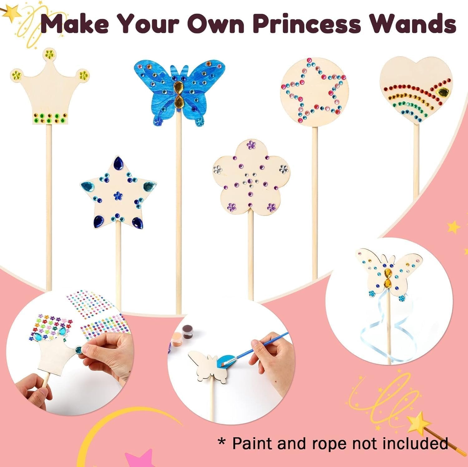 Unfinished wooden princess fairy wands in various shapes like crown, butterfly, star, flower, and heart, decorated with gems and paint. Includes inset images showing crafting process and gem application.