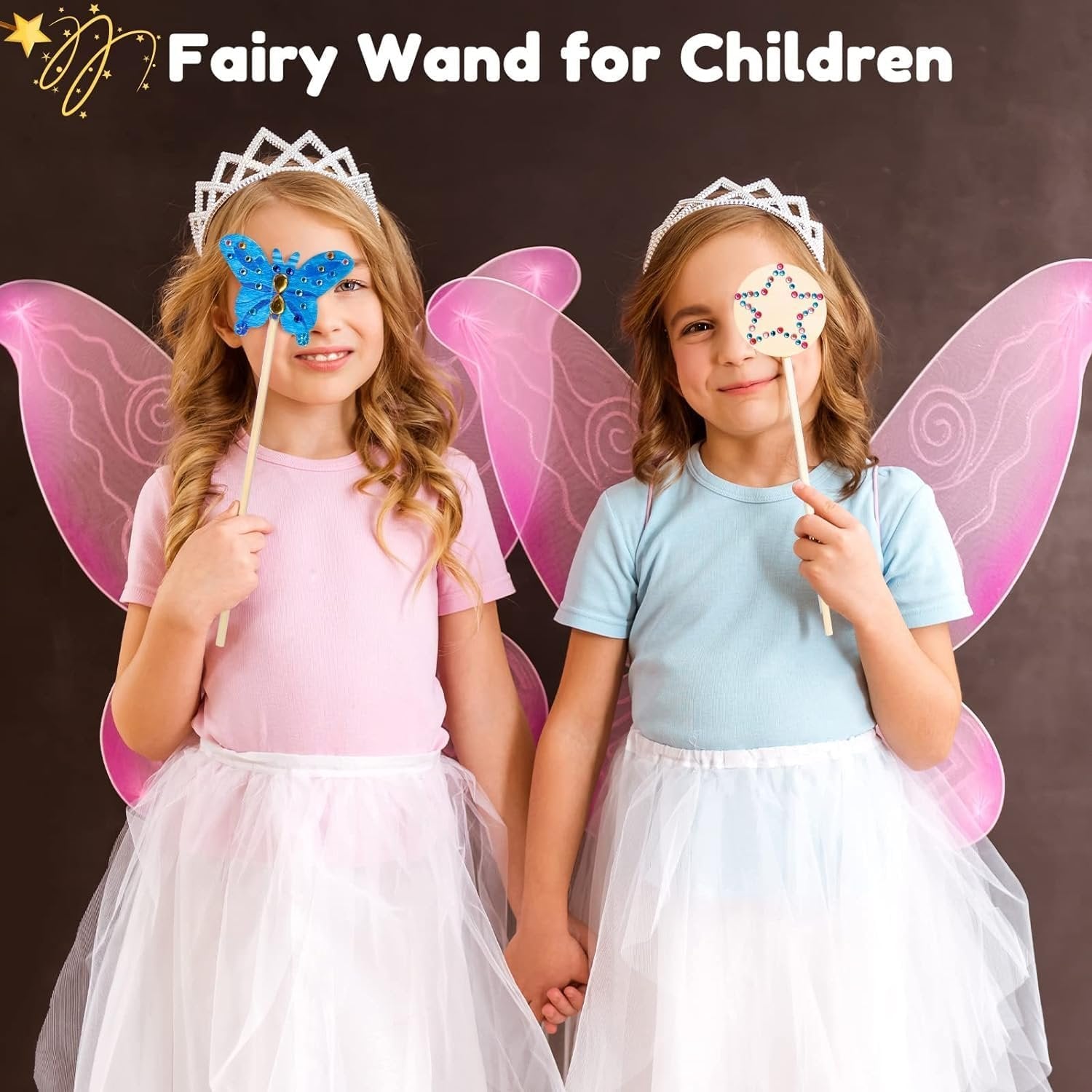 Two young girls in fairy costumes holding decorated princess wands, one with a butterfly, the other with a star.
