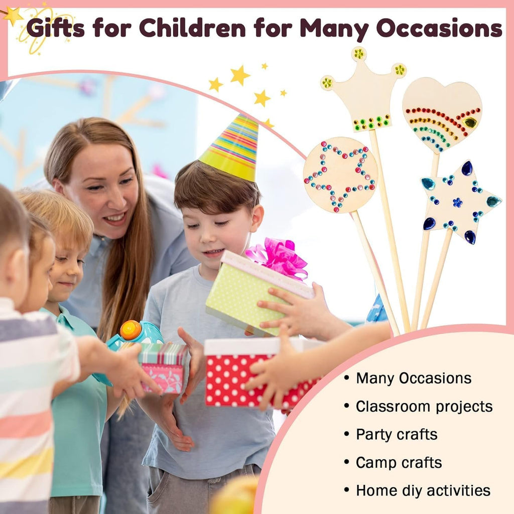 Children and an adult celebrating with gifts and fairy wands, with text overlay 'Gifts for Children for Many Occasions'.