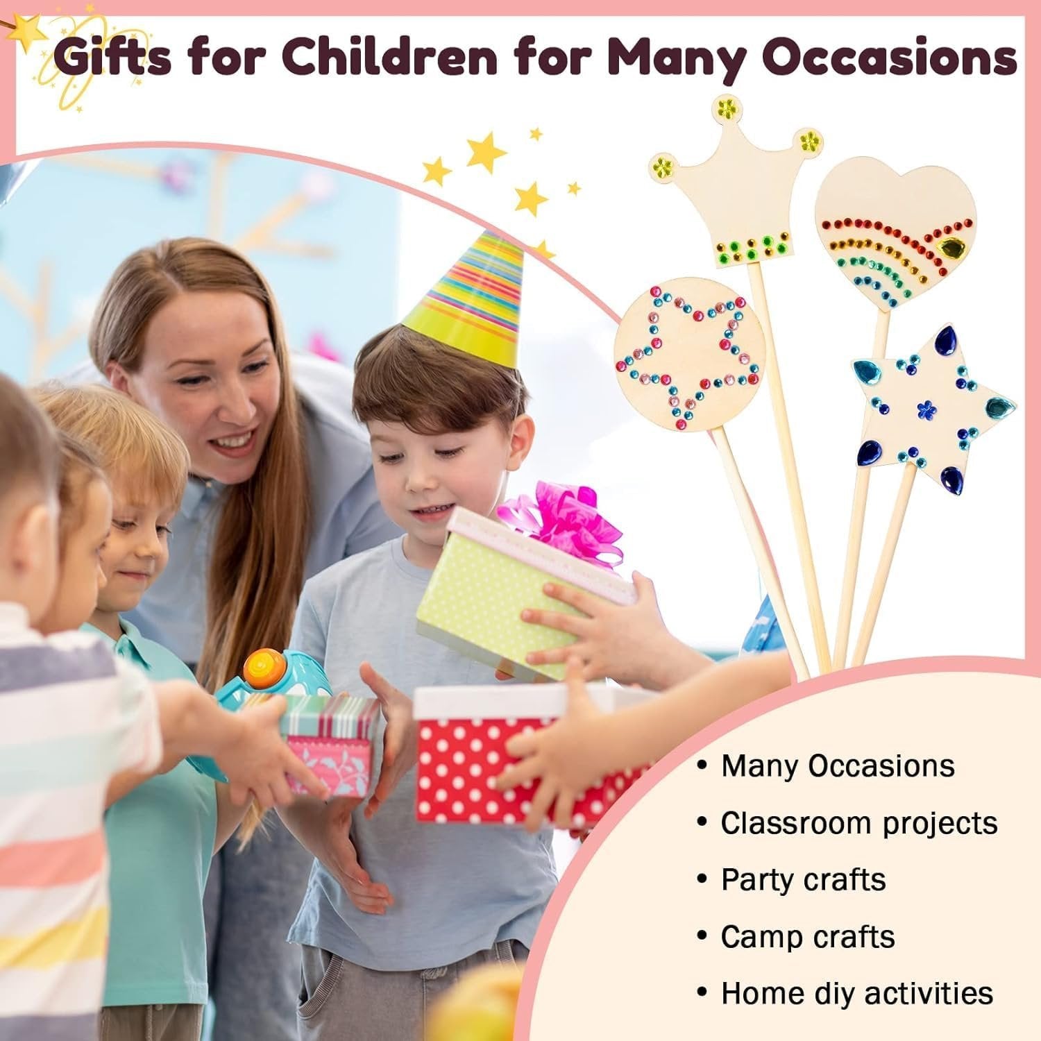 Children and an adult celebrating with gifts and fairy wands, with text overlay 'Gifts for Children for Many Occasions'.