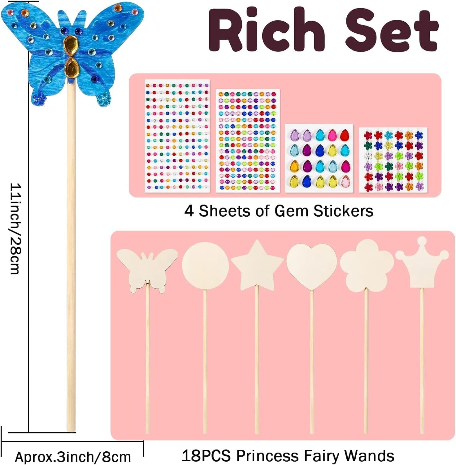 Unfinished wooden princess fairy wands and gem stickers craft kit, shown with a butterfly wand and various shapes.