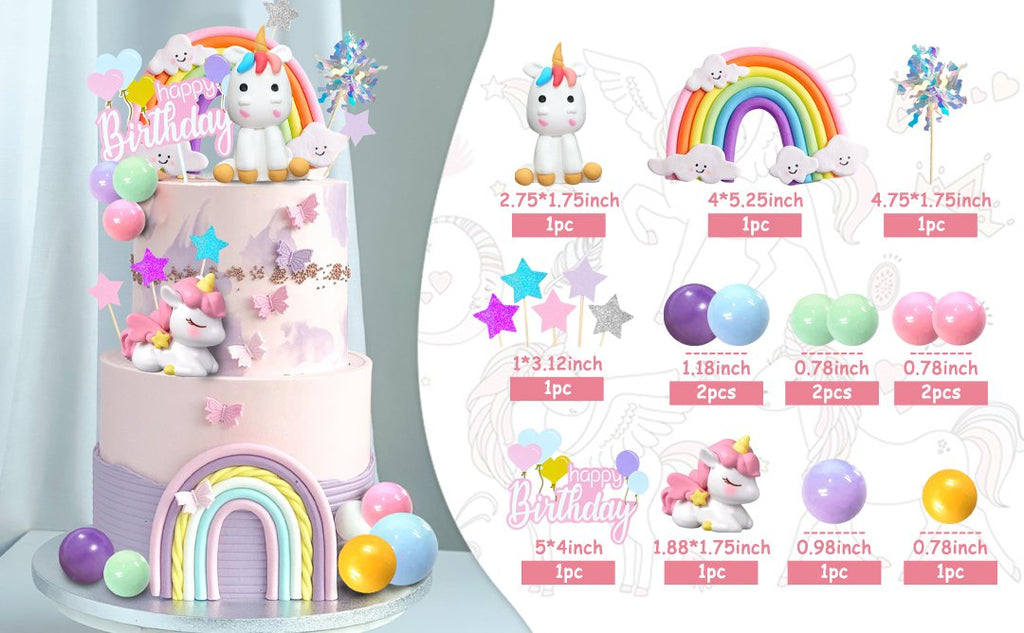 Unicorn rainbow cake topper set with happy birthday sign, unicorns, rainbows, clouds, stars, balloons, and foam balls.