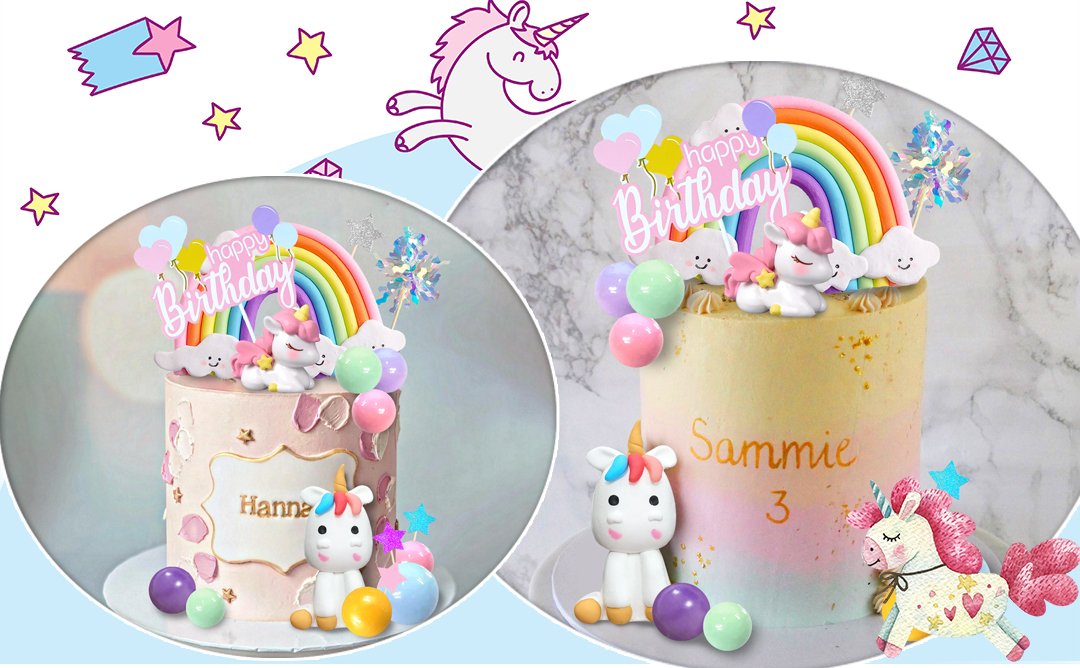 Two cakes decorated with unicorn rainbow cake toppers, balloons, clouds, and foam balls.