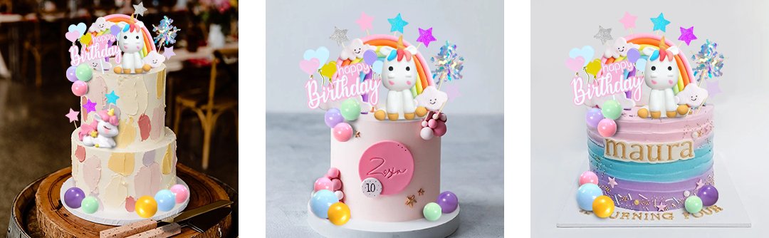 Unicorn rainbow cake toppers with balloons, stars, and clouds on decorated cakes.