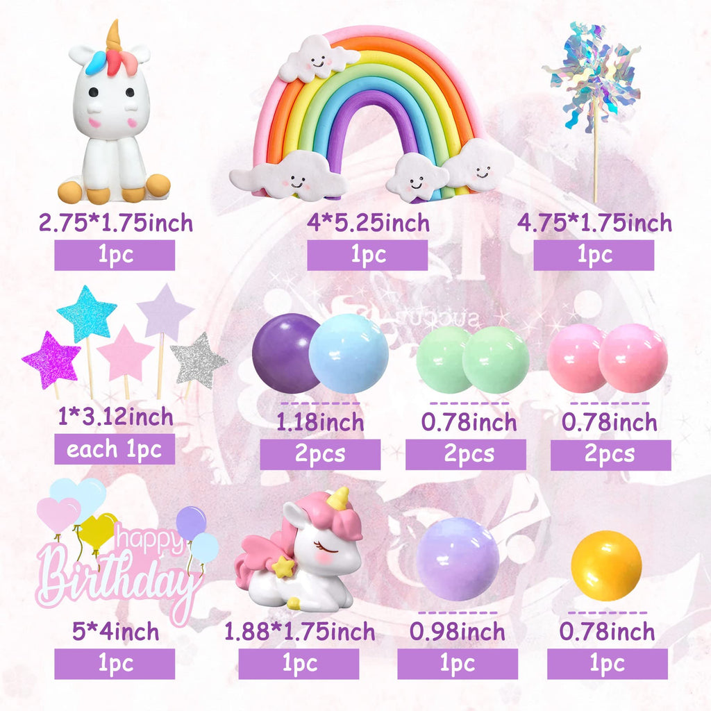 Unicorn rainbow cake topper set with foam balls, foil firework, and paper stars, shown with dimensions and quantities.
