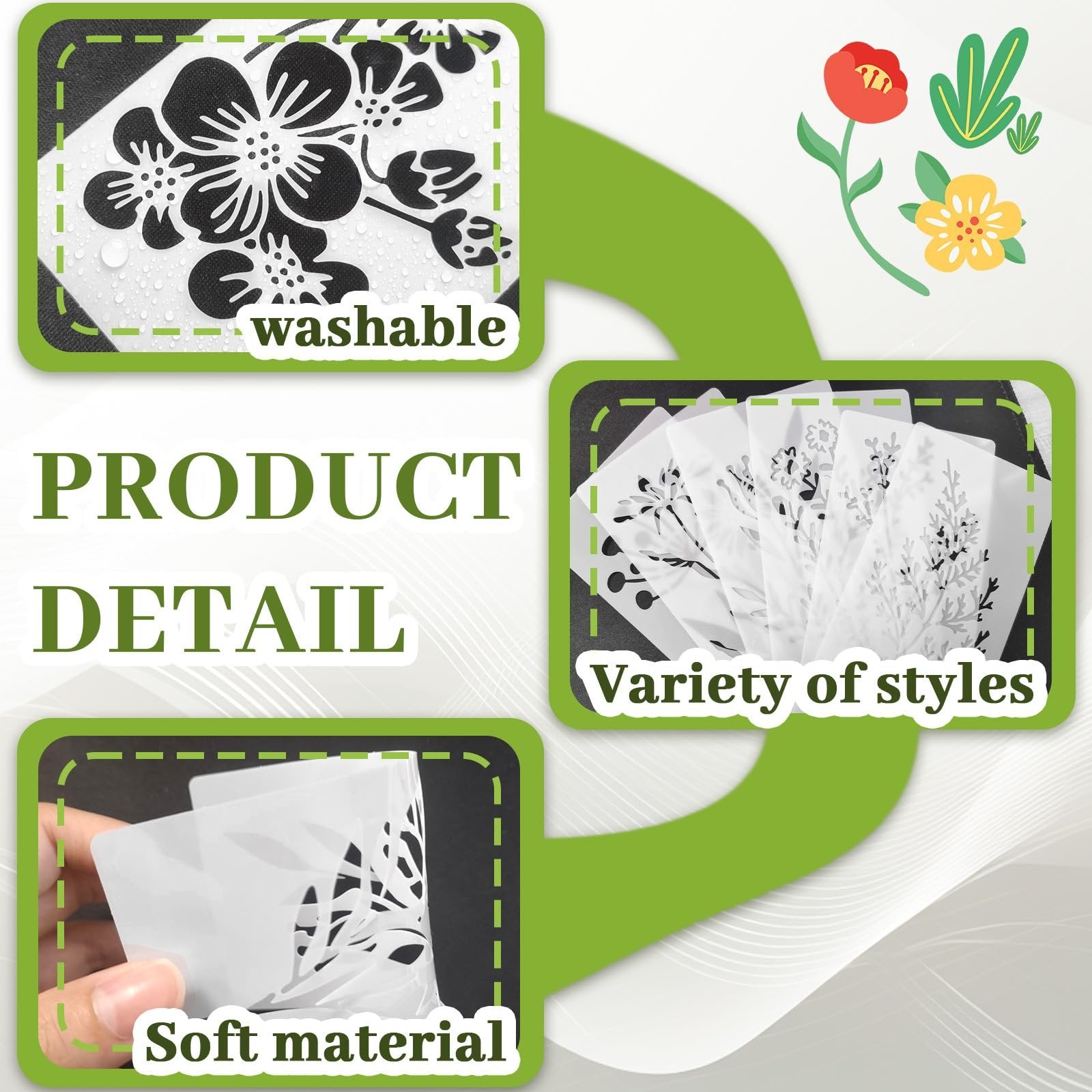 Collage of reusable flower stencils showing washable material, variety of styles, and soft texture.