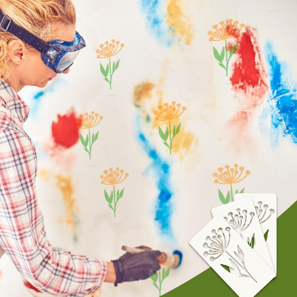 Woman painting flower stencils on wall with roller, three stencils shown in foreground