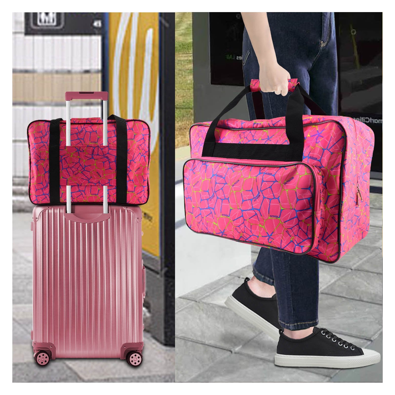 Pink canvas sewing machine carrying case with black straps and a geometric pattern, shown on a pink suitcase and being carried by a person.