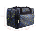 Black canvas sewing machine carrying case with abstract blue and yellow pattern, shown from the side with dimensions indicated.