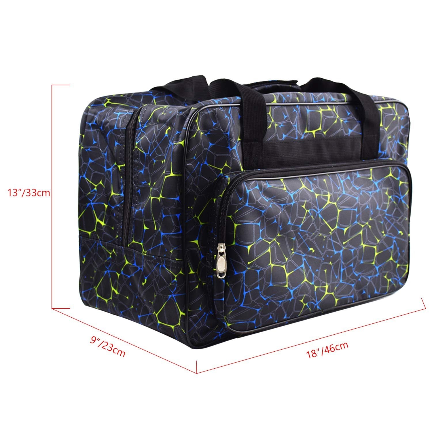 Black canvas sewing machine carrying case with abstract blue and yellow pattern, shown from the side with dimensions indicated.