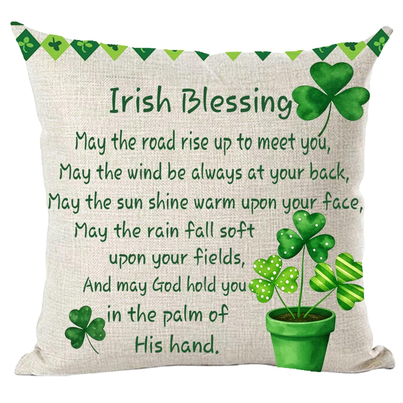 Square pillow cover with St. Patrick's Day theme, featuring an Irish blessing and shamrocks.