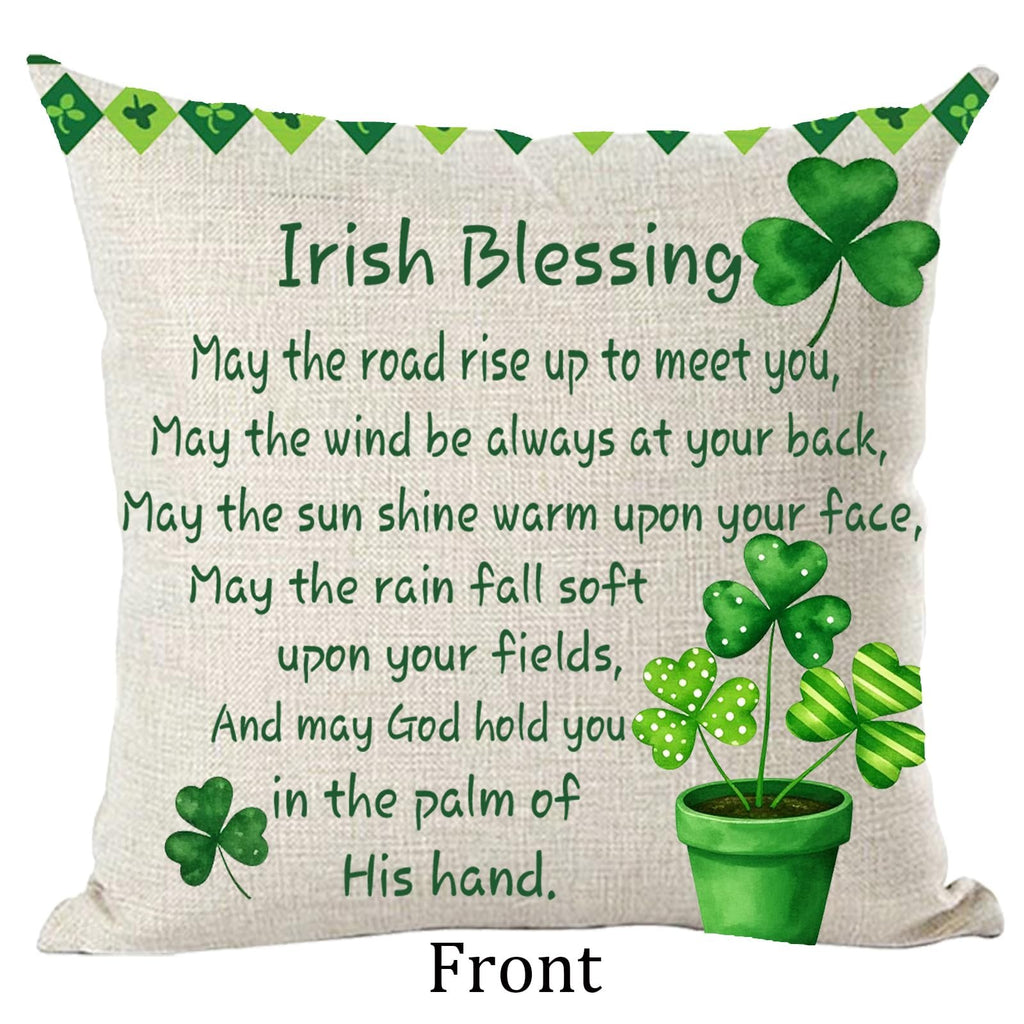 Square pillow cover with St. Patrick's Day theme, featuring an Irish blessing and shamrocks.