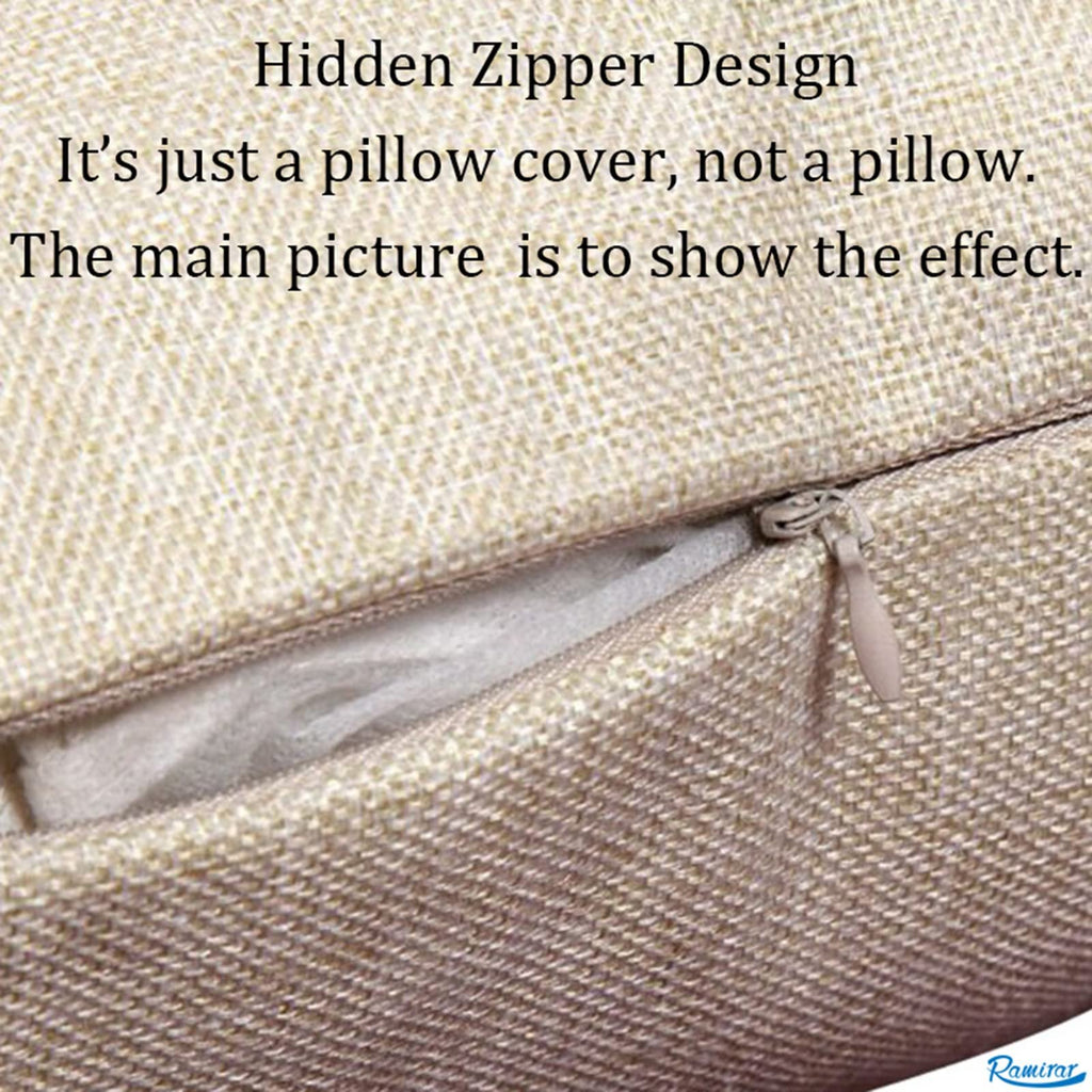Close-up of a beige linen pillow cover showing a hidden zipper detail and text overlays.
