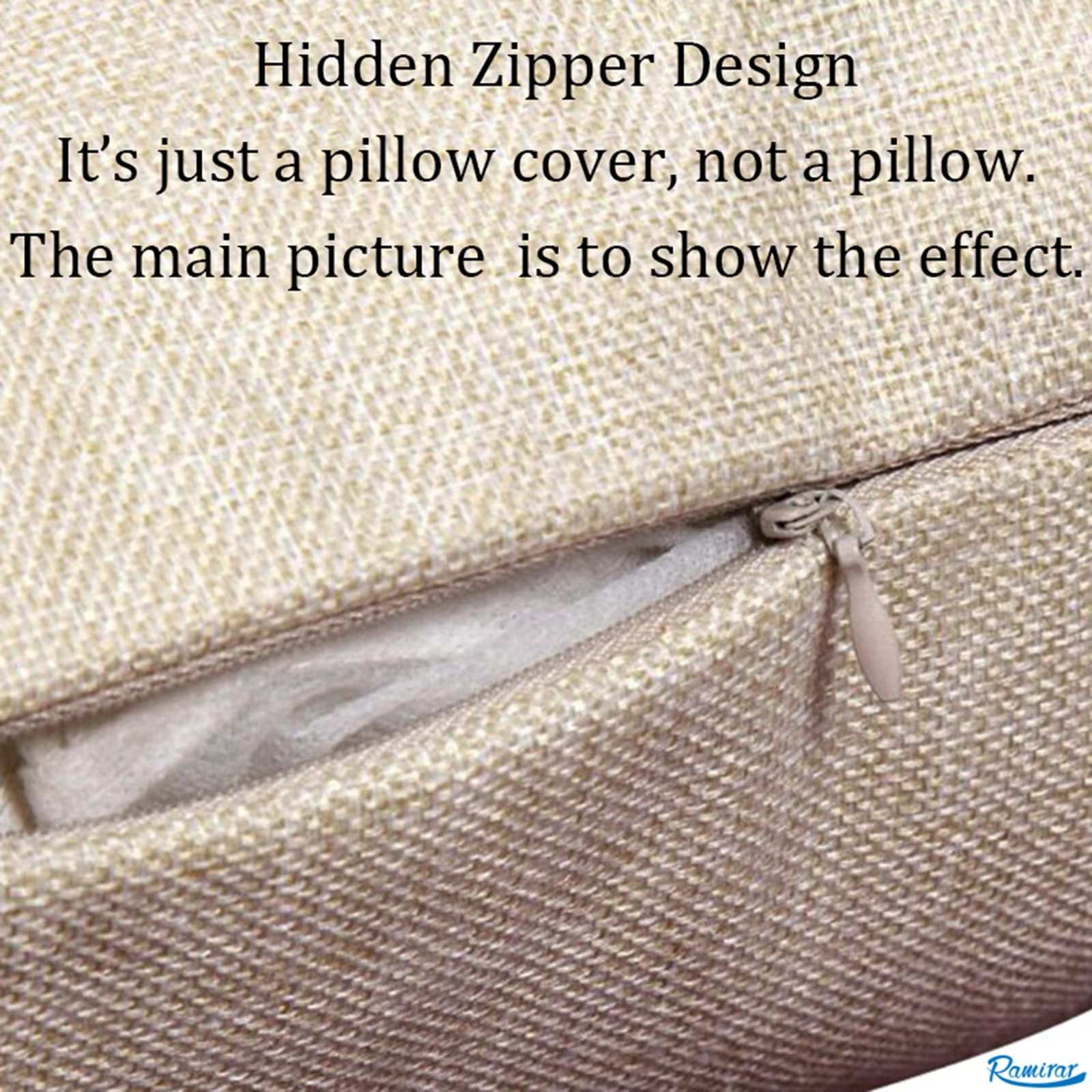 Close-up of a beige linen pillow cover showing a hidden zipper detail and text overlays.