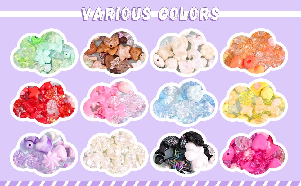 Assorted acrylic beads in various shapes and colors, displayed in cloud-shaped sections against a purple background.