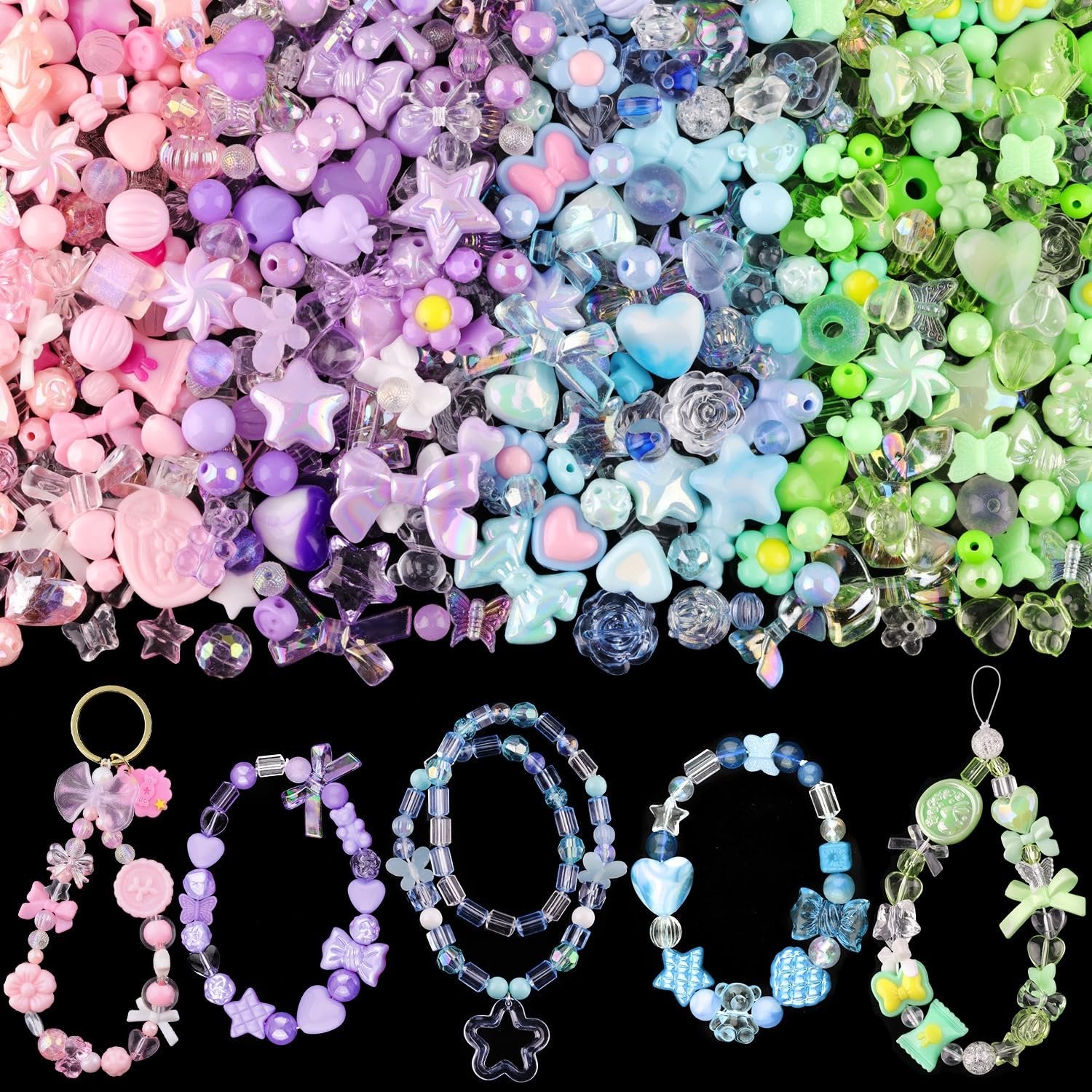 Assorted acrylic beads in pink, purple, blue, and green, with finished bracelets and charms on a black background.