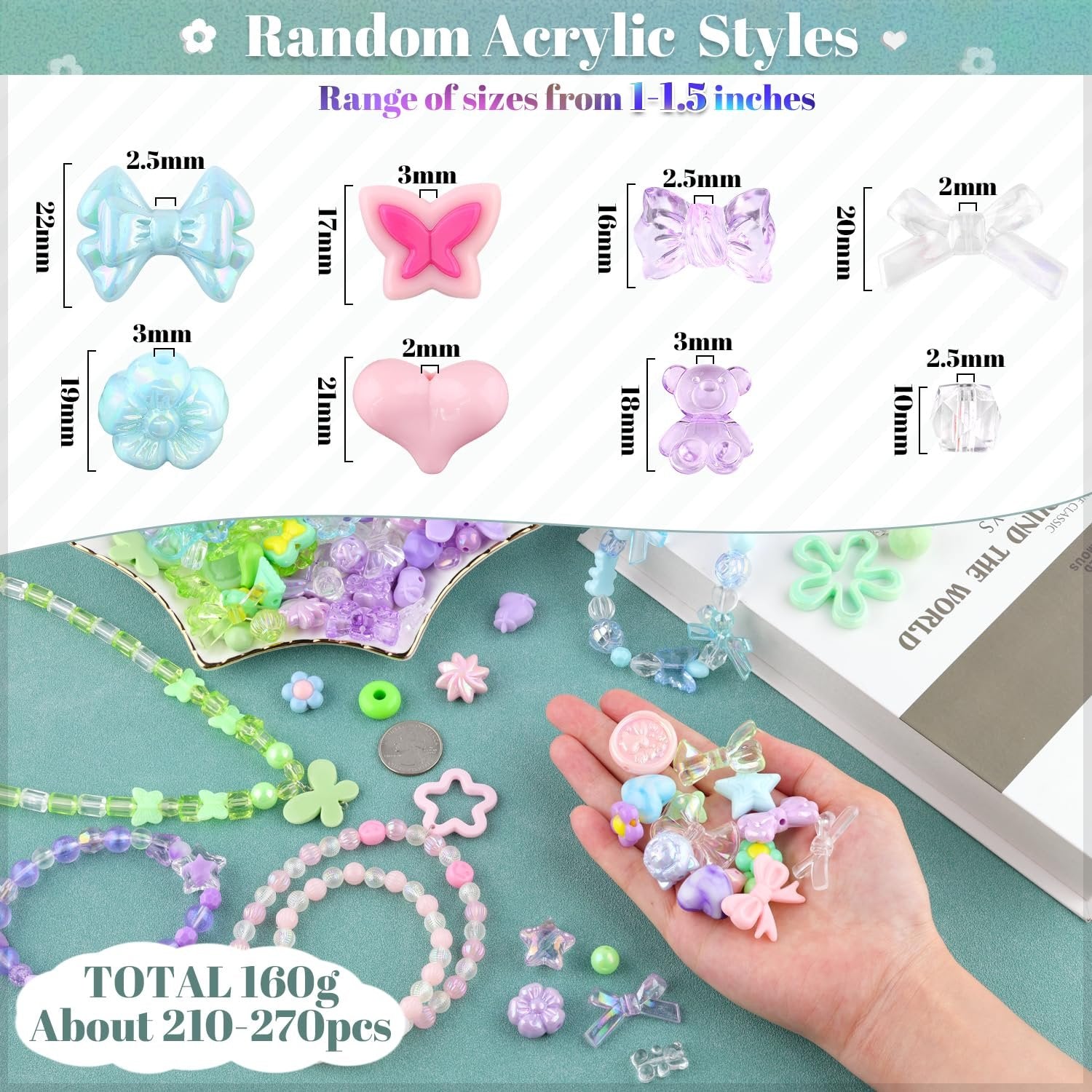 Assorted acrylic charms and beads for jewelry making, including bows, butterflies, hearts, and flowers, with size callouts.