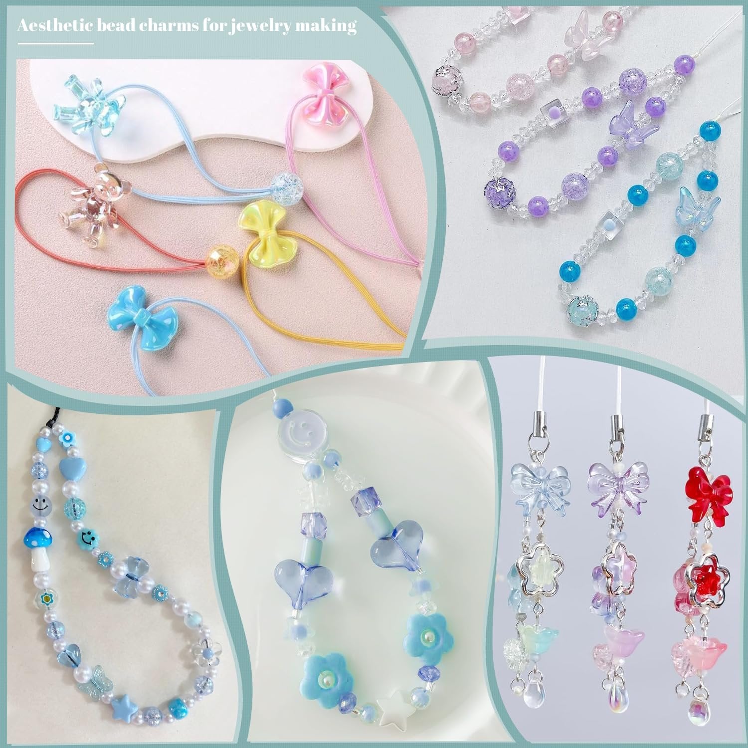 Assorted acrylic beads and charms for jewelry making, including teddy bears, bows, flowers, butterflies, and smiley faces.