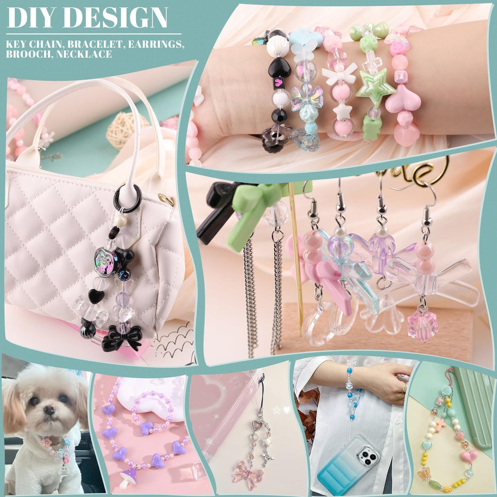 Collage of DIY jewelry making projects including bracelets, earrings, keychains, and necklaces with assorted beads.