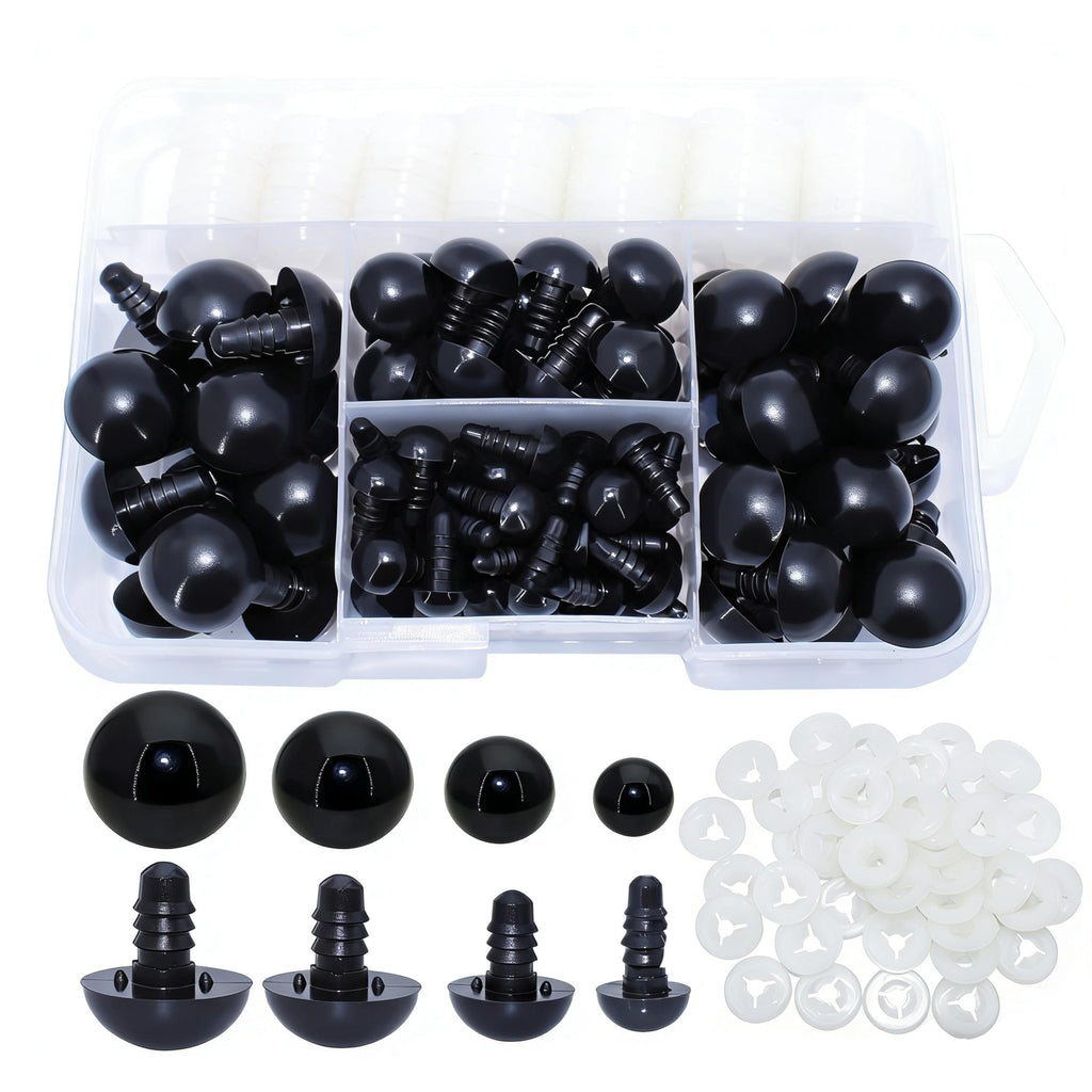 Set of black plastic safety eyes and white washers in a clear organizer case, displayed from above and below.