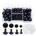Set of black plastic safety eyes and white washers in a clear organizer case, displayed from above and below.