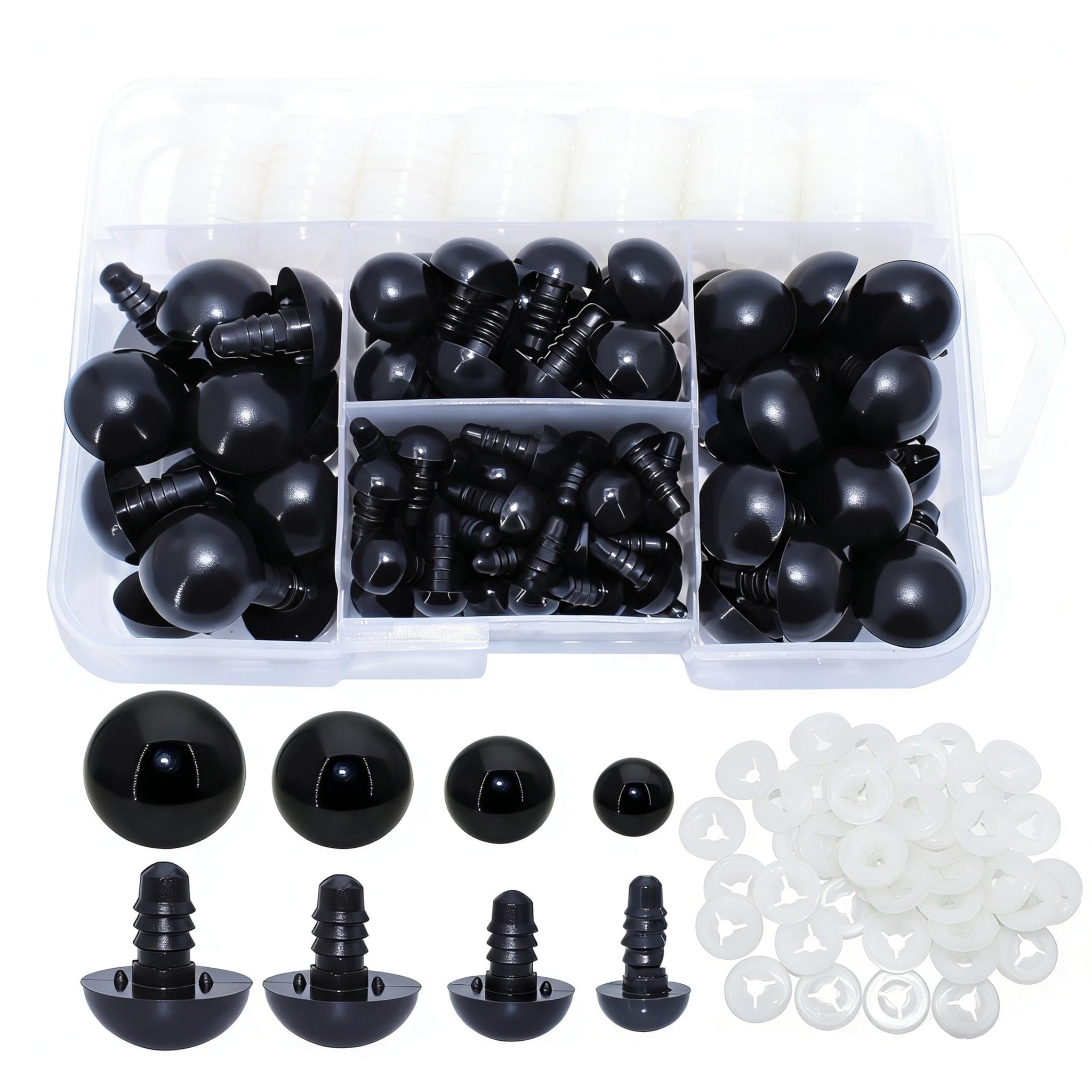 Set of black plastic safety eyes and white washers in a clear organizer case, displayed from above and below.