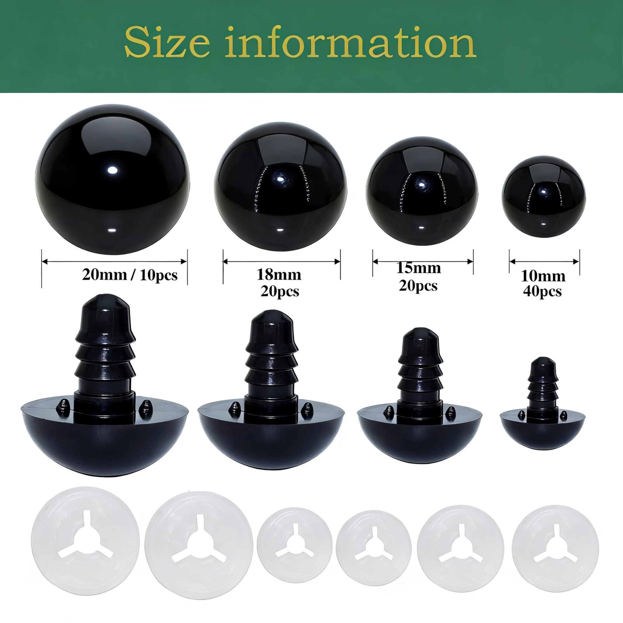 Four sizes of black plastic safety eyes with washers and backing nuts, displayed with size and quantity information.