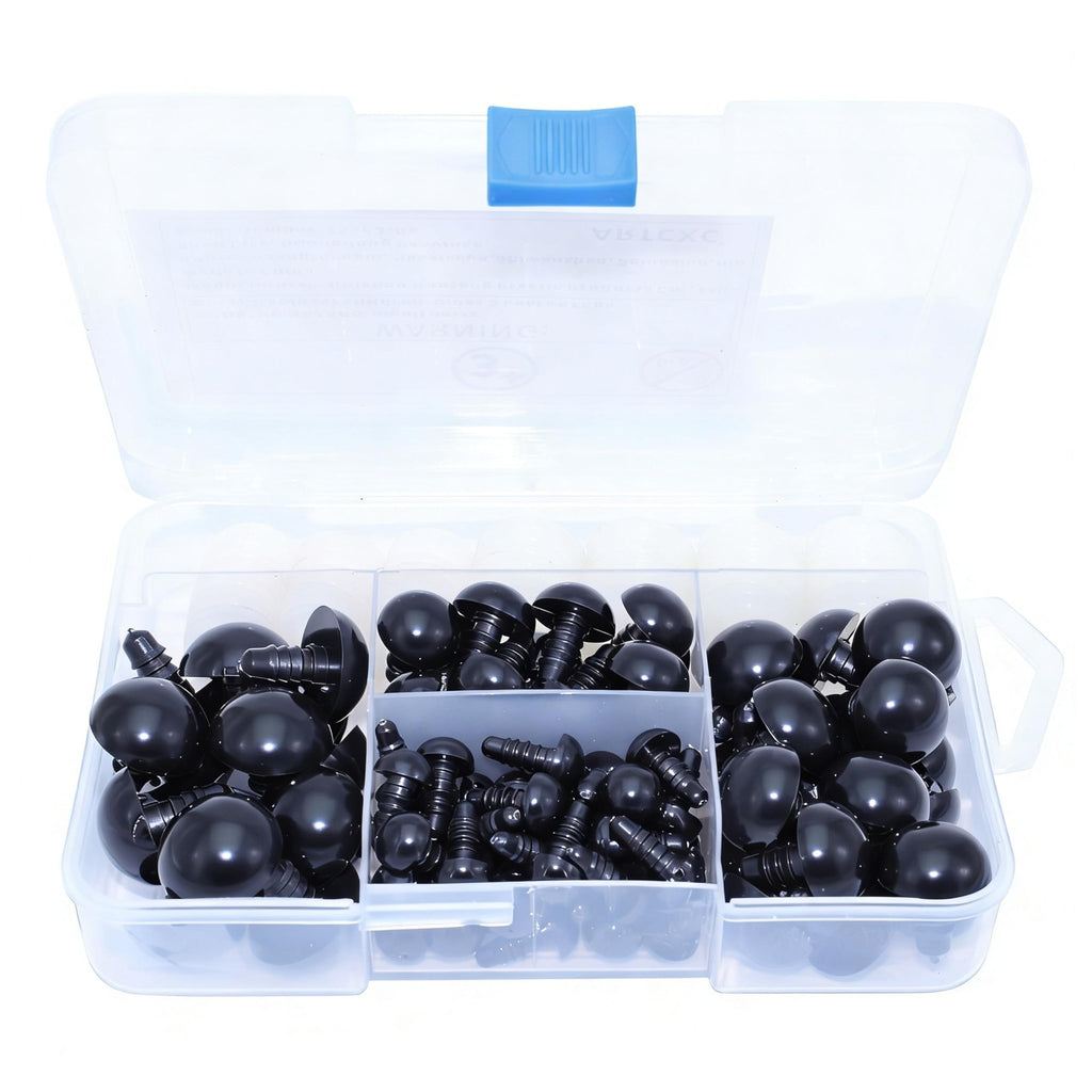 Clear plastic organizer box filled with black plastic safety eyes in various sizes.