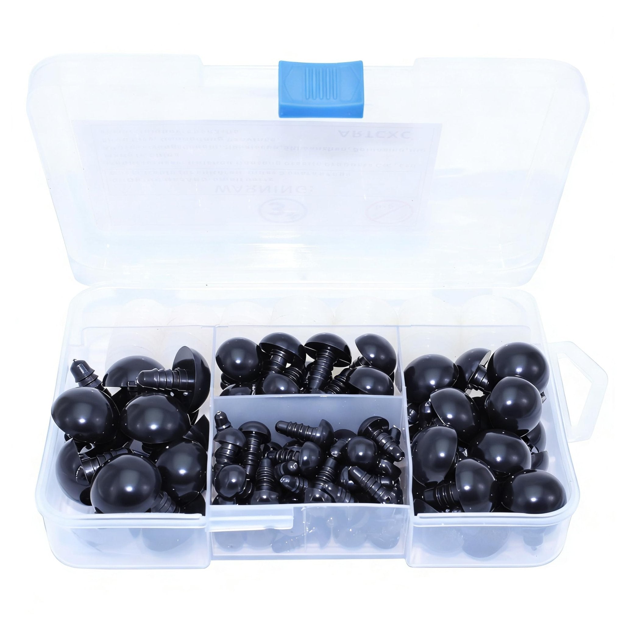Clear plastic organizer box filled with black plastic safety eyes in various sizes.