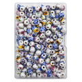 A clear plastic container filled with assorted 8mm round porcelain beads featuring floral patterns in blue, pink, and yellow.